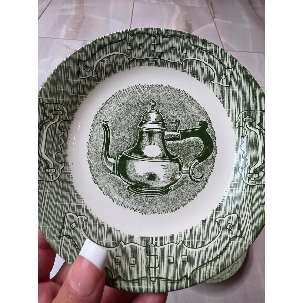 Vintage Green Transferware Teapot Bread and Butter Plates‎ Set of 6 6.25 Inch A2